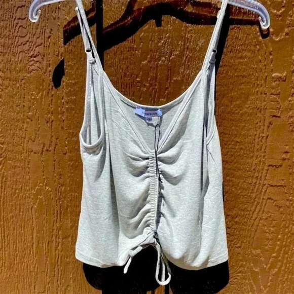 Olivaceous Tops - Women's Heather Grey V-Neck Ruched Tie-Front Spaghetti Strap Tank Top NWT